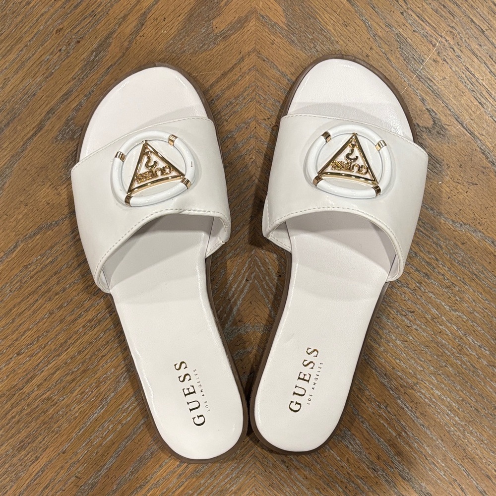 Guess Women's Cream Slide Sandals with Gold Accent